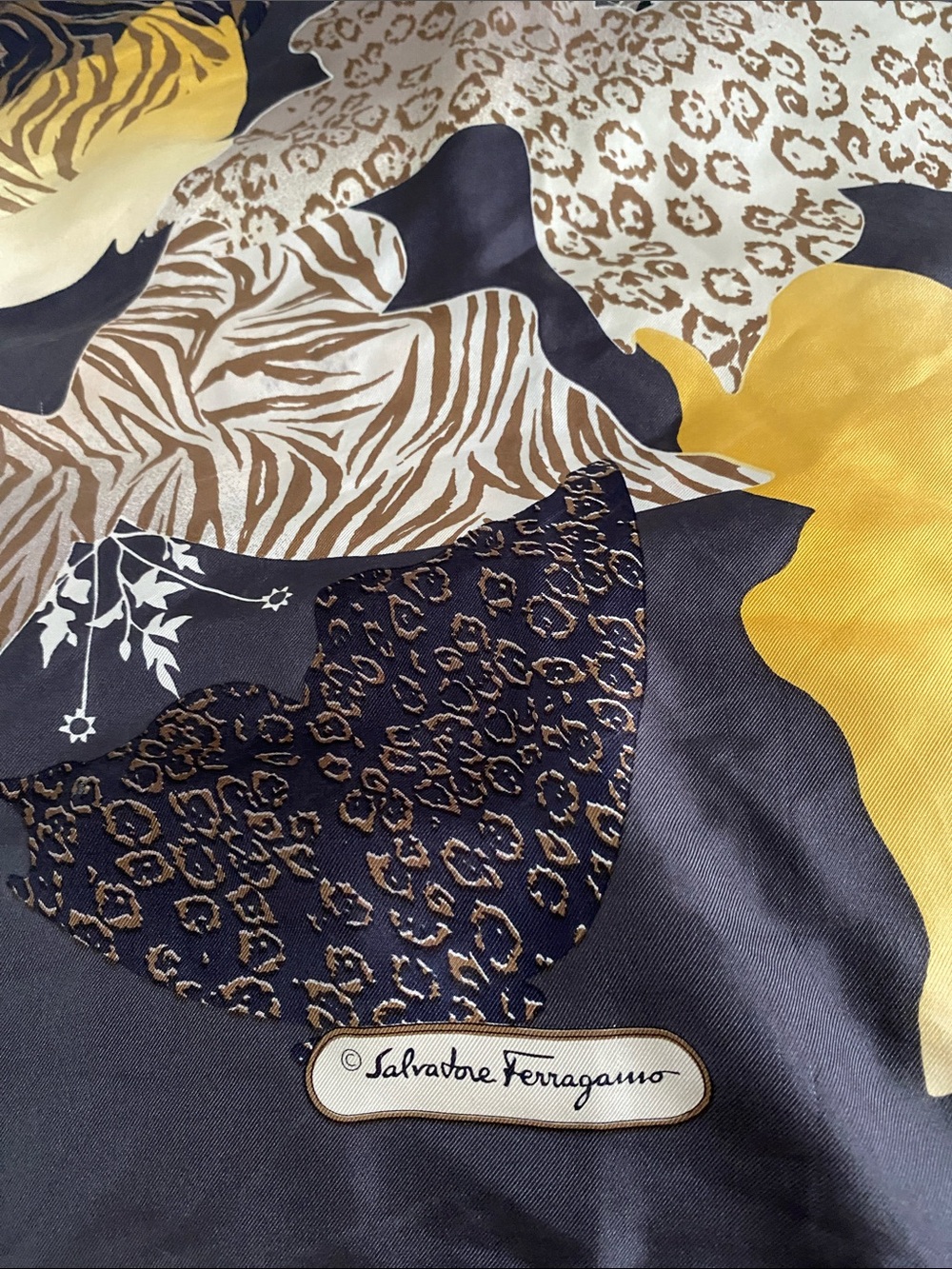 Salvatore Ferragamo Black, Yellow & Brown butterfly Silk Scarf